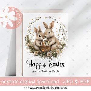 Carte de joyeuses Pâques - imprimable en téléchargement numérique famille, carte de voeux de Pâques lapin mignon de familles, idée cadeau de Pâques unique