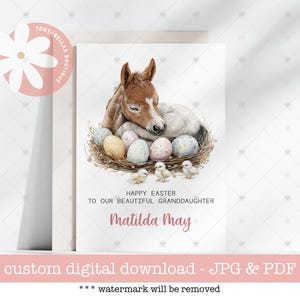 Cartão de Páscoa para imprimir para meninas, cartão de felicitações de Páscoa fofo e personalizado para meninas, nome e relação personalizados, cartão de Páscoa de cavalo, filha