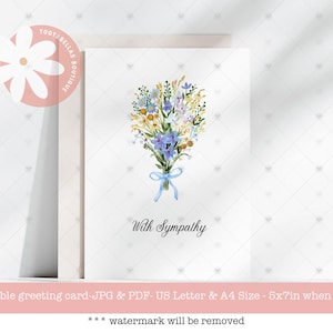 Carte imprimable, téléchargement immédiat, carte de condoléances, avec carte de condoléances, carte de condoléances avec des fleurs, carte imprimable de décès funéraire