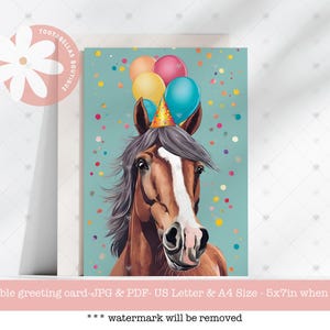 Cartão de aniversário para impressão, download instantâneo, cartão de aniversário de cavalo, cartão de amante de cavalos, cartão de aniversário infantil, cartão de felicitações fofo, cartão em branco 5X7