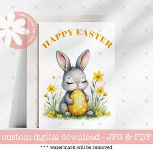 Druckbare Osterkarte - 13x18, Karte zum sofortigen Download, Osterhase & Pastell Ei, Frühlingsblumen Design, Karte für Jungen und Mädchen