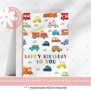 印刷可能なカード - 誕生日おめでとう、子供向けのかわいい車の誕生日カード、交通グリーティングカード、PDF の即時ダウンロード
