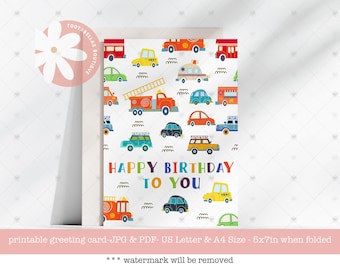 Cartão para impressão - Feliz aniversário para você, cartão de aniversário de carros fofos para crianças, cartão de felicitações de transporte, download instantâneo em PDF
