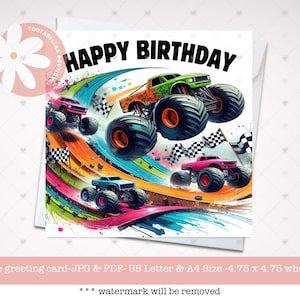 Cartão de aniversário Monster Truck para impressão, download instantâneo para crianças, filho, sobrinho, neto - Cartão de felicitações digital em PDF, presente Monster Truck