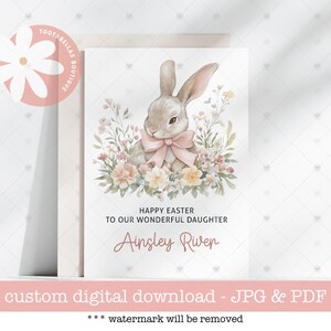 Téléchargement numérique | Carte de Pâques imprimable pour fille | Joli lapin personnalisé en fleurs | Nom personnalisé et relation pour le panier de Pâques