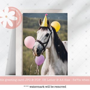 Carte d'anniversaire cheval imprimable - téléchargement immédiat 5 x 7 mignon voeux pour amateur de chevaux, maman cheval, enfants, amis, cadeau de dernière minute, étalon gris