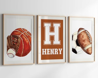 Sports Nursery Art Set: Personalized Football, Baseball, Basketball Prints (Digital Download)