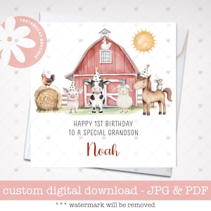 Cartão para impressão, cartão de aniversário personalizado com animais de fazenda - cartão de fazenda para crianças, qualquer idade, qualquer parentesco, saudação de aniversário personalizada na fazenda