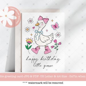 Alles Gute zum Geburtstag kokette Gänse Karte | Druckbare 5 x 7 Instant Download | Niedliche Pastell Geburtstagswünsche für Mädchen | Alles Gute zum Geburtstag kleine Gans