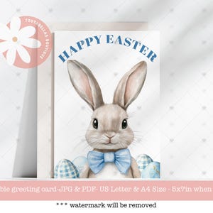 Carte de Pâques imprimable - téléchargement immédiat 5 x 7, joyeux lapin de Pâques et oeuf pastel, carte pour garçons et filles, carte de lapin de printemps