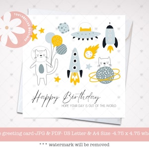 Cartão de aniversário imprimível de outro mundo – Cartão fofo de astronauta espacial para crianças, Cartão de aniversário espacial, Feliz aniversário espacial