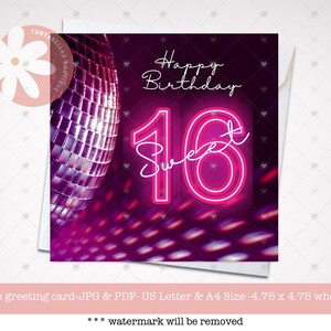 Neon Sweet 16 Geburtstagskarte, Pink Disco Thema 16 Geburtstagskarte für sie, Sofort Download, 16.Geburtstag, sechzehnter Geburtstagskarte für sie