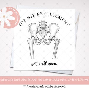 May include: A black and white greeting card with a skeletal hip illustration. The card reads "HIP HIP REPLACEMENT" and "get well soon". The card is 4.75 x 4.75 inches when folded.
