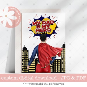 Cartão de Dia dos Pais para imprimir para o pai, Cartão personalizado de pai super-herói para crianças, Cartão de aniversário "Meu pai é meu herói" para ele, Presentes personalizados para o pai