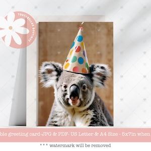 Sofortiger Download, druckbare Geburtstagskarte, süßes Koala-Design 5 x 7, süße australische Grußkarte, Last-Minute-Geschenkidee, alles Gute zum Geburtstag wünscht