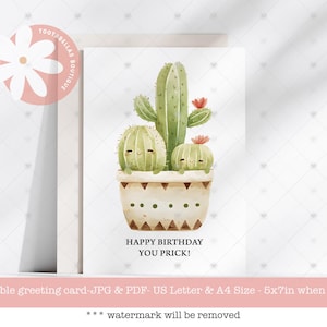 Carte d'anniversaire imprimable cactus drôle | Joyeux anniversaire à vous | Illustration de cactus aquarelle | Carte de voeux grossière | Téléchargement instantané