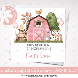 Carte à imprimer, 2e anniversaire d'un animal de la ferme personnalisée, deuxième carte d'anniversaire pour fille, thème de la ferme rose, tout âge, toute relation