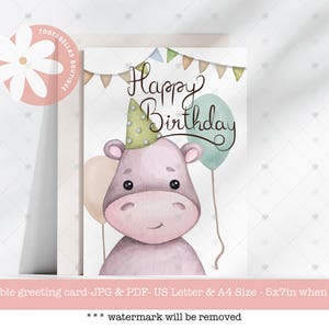 Druckbare 5x7 Geburtstagskarte, süße Nilpferd Grußkarte, Nilpferd Digitale Karte, Kinder Geburtstagskarte, Nilpferd Alles Gute zum Geburtstag Karte, Nilpferd-Liebhaber Geschenk