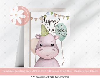 Cute Hippo Birthday Card, Printable Greeting Card (PDF, JPG)