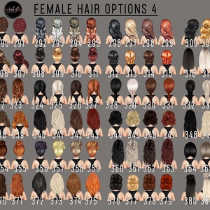 Pu&ograve; includere: Un grafico di 40 diversi stili di capelli femminili, numerati da 288 a 383. Gli stili di capelli sono mostrati da dietro, con la persona che indossa una canotta nera.