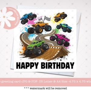 Cartão de aniversário Monster Truck para impressão, download instantâneo para crianças, filho, sobrinho, neto - Cartão de felicitações digital em PDF, presente Monster Truck