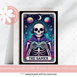 Cartão de aniversário para impressão para jogadores - Cartão engraçado de esqueleto para jogadores, download instantâneo 5x7, presente de humor negro para o pai, cartão de jogador gótico, velha escola
