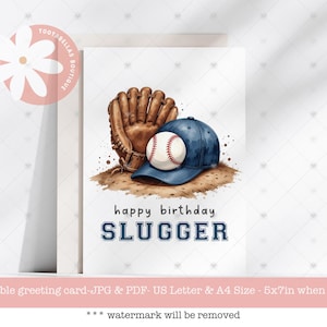 Biglietto d'auguri a tema baseball stampabile 5x7, download immediato, auguri di compleanno sportivi, buon compleanno Slugger, biglietto d'auguri per il miglior principiante dell'anno nel baseball.