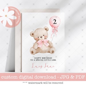 Tarjeta personalizada para el segundo cumpleaños: diseño de osito de peluche, tarjeta de felicitación para el segundo cumpleaños de una niña, tarjeta para el segundo cumpleaños de una nieta o hija.