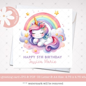 5x7 Download digital, cartão de aniversário de unicórnio para impressão, design de arco-íris mágico fofo, aniversário de qualquer idade e nome, cartão caprichoso para meninas