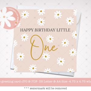 Druckbare Geburtstagskarte - 1. Geburtstag Grußkarte, niedlichen Daisy Design, Instant Download quadratische Karte, alles Gute zum Geburtstag Kleine