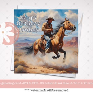 Printable Card, Happy Birthday Cowboy, Birthday Card for Him, Horse Birthday Card, Happy Birthday Card, Cowboy on Horse Western Card