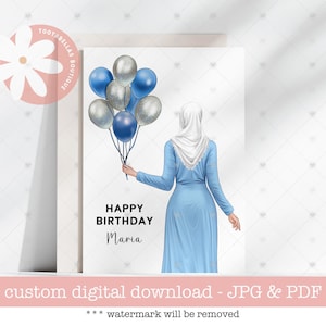 Personalized Muslim Girl Birthday Card: Hijabi Illustration (Digital Download, 5x7 PDF & JPG Files)