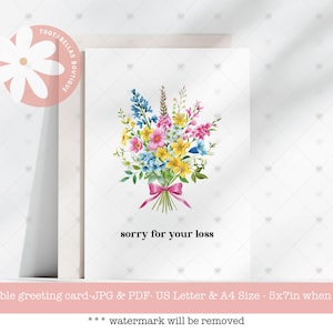 Carte de sympathie imprimable 5 x 7 | Désolé pour votre perte | Carte de condoléances avec fleurs | Carte de deuil funéraire à téléchargement immédiat