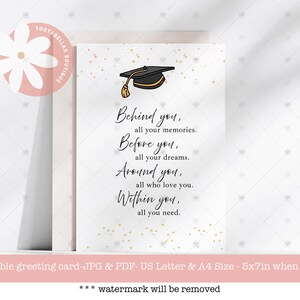Carte de fin d'études imprimable pour la promotion 2025 - Carte de diplôme bricolage à télécharger instantanément avec citation inspirante, souvenirs derrière vous