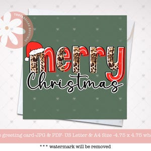 Printable Card, Merry Christmas Red Leopard Print, Leopard Print Christmas Card, Cheetah Print Merry Xmas Card, Square Modern Christmas Card