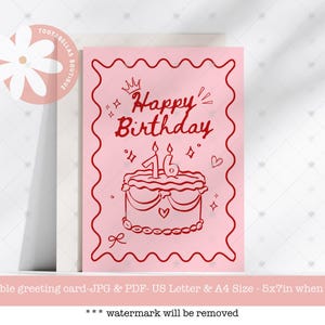 Afdrukbare 16e verjaardagskaart direct download, roze en rode Sweet 16 doodle stijl digitale verjaardagswenskaart, verjaardagskaart voor haar
