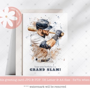 Biglietto di auguri di compleanno di baseball - 5x7 Download immediato, biglietto sportivo stampabile, spero che il tuo compleanno sia un Grande Slam, auguri di compleanno per una partita di baseball