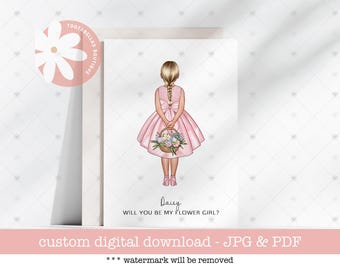 Könnte beinhalten: Illustration eines jungen Mädchens in einem rosa Kleid, das einen Blumenkorb hält. Der Text lautet: "Daisy, willst du mein Blumenmädchen sein?" Das Bild ist ein digitaler Custom-Download.