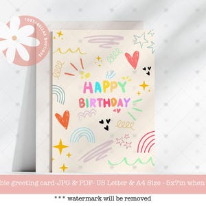 Printable Birthday Card - Happy Birthday Doodle Drawings 5x7 Instant Download, Heart Star Rainbow Design, Kids Card, Last Minute Gift Idea