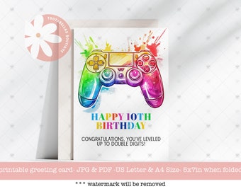 10th Birthday Gamer Card: Rainbow Controller, Leveled Up (PDF & JPG)