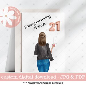 Cartão personalizado de 21º aniversário para ela - Cartão de marco para impressão para amiga, irmã, filha - Cartão de aniversário digital de feliz aniversário