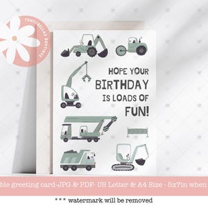 Cartão para impressão - Cartão de aniversário para meninos escavadores para download instantâneo, tema divertido de construção, 5x7 Espero que seu aniversário seja muito divertido