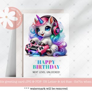 Carte d'anniversaire licorne Gamer Girl à téléchargement immédiat, 5 x 7 pouces, carte de jeu vidéo améliorée pour fille, idée cadeau de dernière minute pour fille
