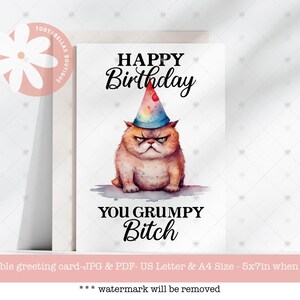 chat de joyeux anniversaire | Carte d'anniversaire félin | Carte imprimable 5 x 7 à téléchargement immédiat | Joyeux anniversaire garce grincheuse | Carte de voeux drôle