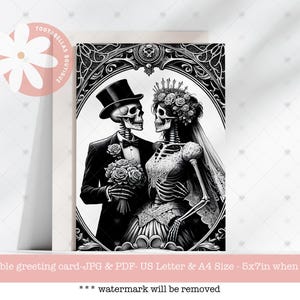 Afdrukbare kaart - Lovers Dark Wedding & Valentijnsdagkaart, grappige liefdeskaart skelet, gotisch bruidspaar direct downloaden