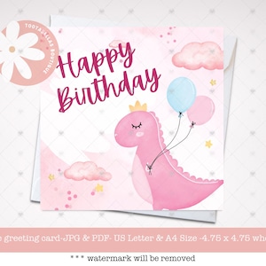 Dinosaurier-Geburtstagskarte für Mädchen - rosa Dinosaurier Geburtstagskarte Sofortiger Download, süße Mädchen-Geburtstagskarte druckbare, alles Gute zum Geburtstag druckbare