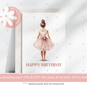 Printable Ballerina Birthday Card for Girls, Cute Dancer 5x7 Instant Download Card, Birthday Card Daughter, Little Dancers Card