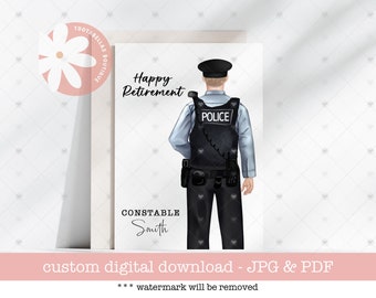 Könnte beinhalten: Eine digitale druckbare Karte mit einer Aquarell-Illustration eines Polizisten in Uniform. Die Karte lautet "Happy Retirement" und "Constable Smith".