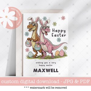 Cartão de Páscoa para download digital - Cartão de Feliz Páscoa com Nome Personalizado de Dinossauro para Crianças, Cartão Único para Amantes de Dinossauros, Cartão de Páscoa T-Rex