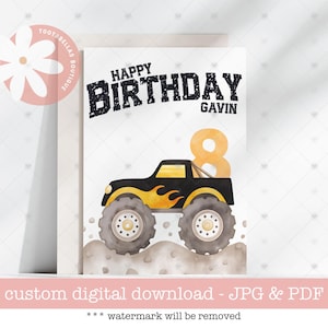 Carte d'anniversaire personnalisée Monster Truck imprimable - PDF numérique personnalisé pour enfants, fils, neveu ou petit-fils, carte de célébration de tout âge